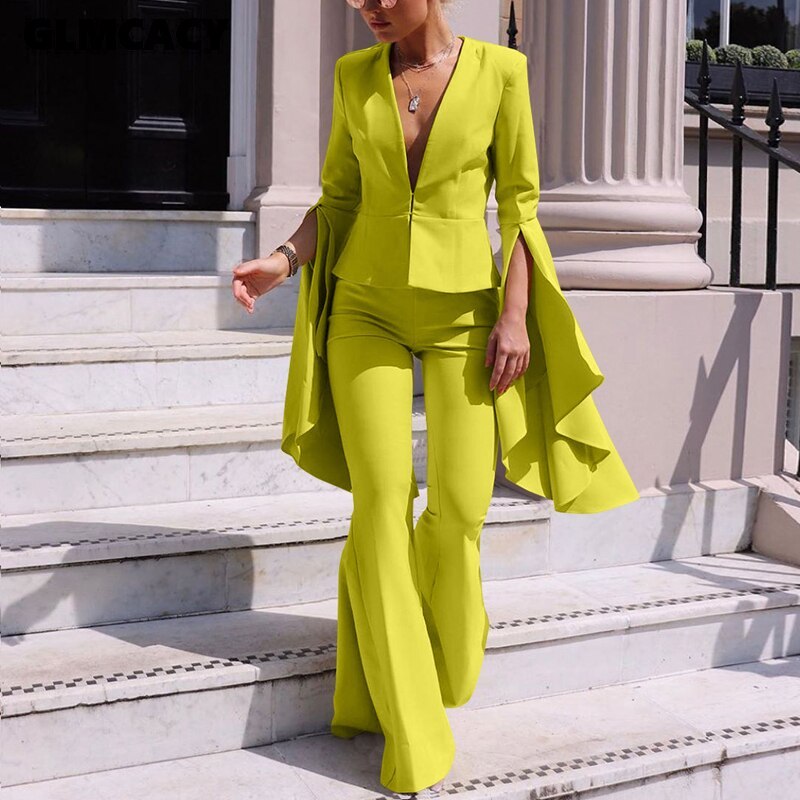 Irregular Oversized Split Ruffle Sleeve Women's Blazer Jacket + Flared Pants Suit to 3X Plus Size