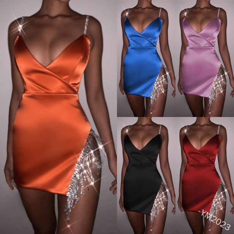 Satin Sleeveless Rhinestone Metallic Tassel Fringe Spaghetti Strap V-Neck Side Slit Formal Mini Party Dress