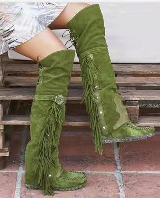 Western Tassel Fringe Design Suede Women's Knee High Flat Moccasin Boots