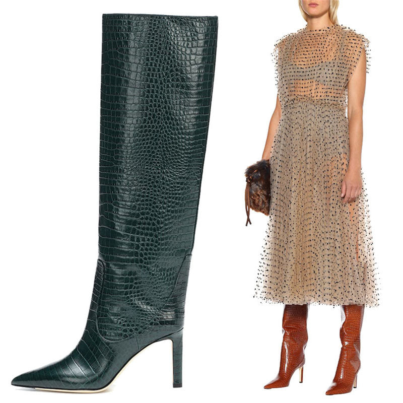 Tall Croc Pattern Pointed Toe Knee-High Women's High Heel Knight Boots