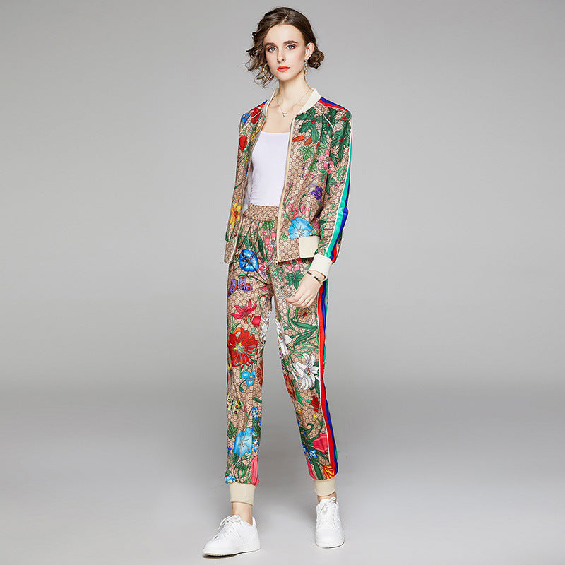 Designer Floral Monogram Side Striped Print O-Neck Zipper Bomber Jackets + Sweatpants Women's Tracksuit