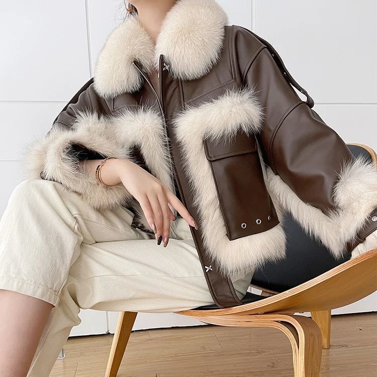 Vintage PU Leather Patchwork Colorblock Faux Fur Lined Stitched Women's Jacket