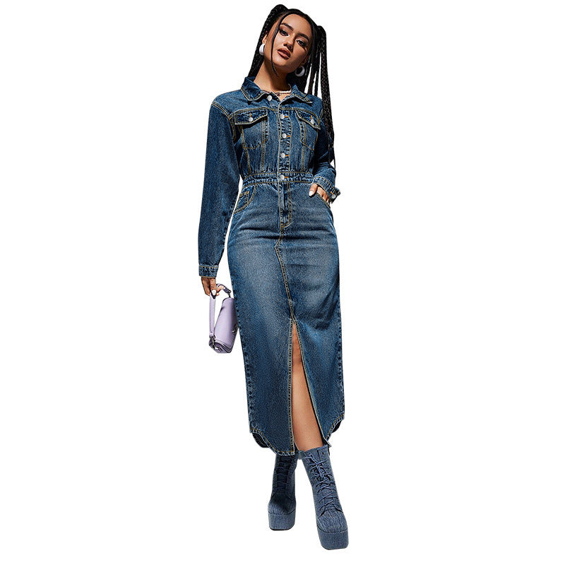 Denim Blue Double Pocket Design Long Sleeve High Slit Maxi Button-Up Jean Dress