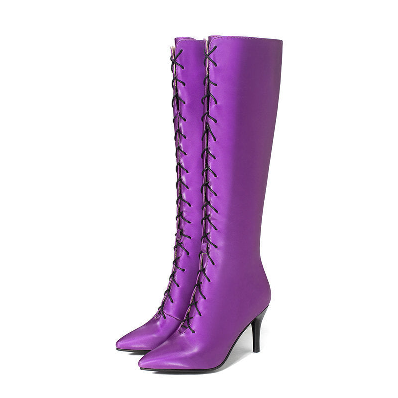 Lace-Up PU Leather Solid Color Women's Low Heel Pointed Toe Knee-High Boots