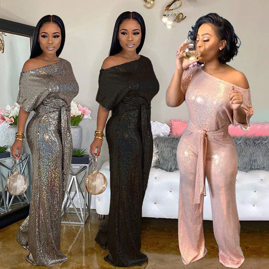 Glitter Sequin  Off-the-Shoulder Short Sleeve Women's Sash Belted Formal Party Jumpsuit to 4X Plus Size