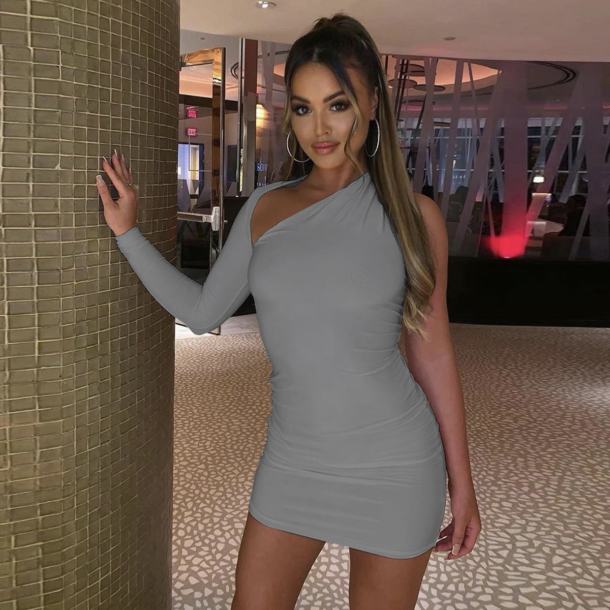 Hollow-Out Asymmetrical Ruched One Sleeve Long Sleeve Mini Dress
