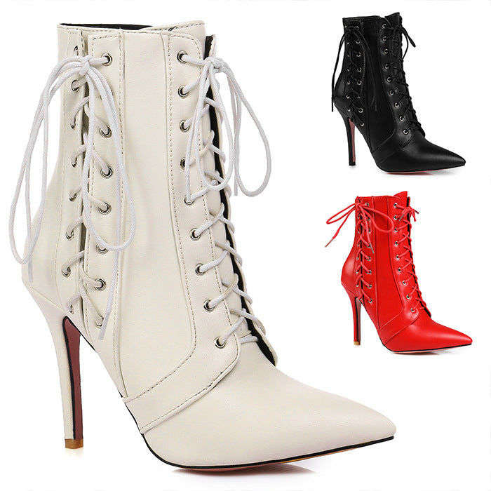 Lace-Up Strap Solid Color Hollow-Out Design Women's Stiletto Heel Ankle Boots