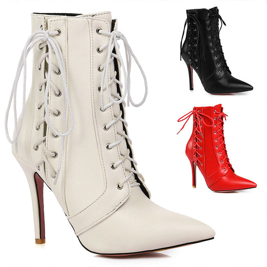 Lace-Up Strap Solid Color Hollow-Out Design Women's Stiletto Heel Ankle Boots