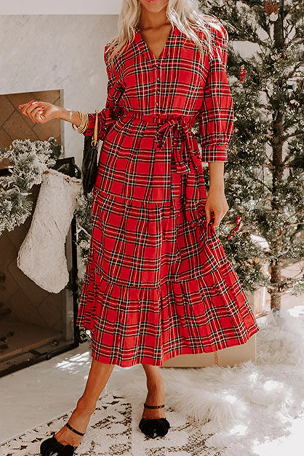 Red/Green Plaid Christmas Color Print Print Long Sleeve V-Neck Tiered Sash Belted Maxi Dress