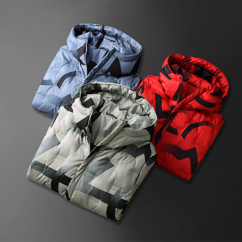 Men's Striped Tie-Dye Quilted Padded Hooded Down Ski Jacket