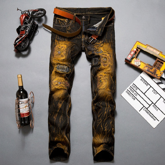 Men's Ripped Washed Colorblock Ruched Skinny Cargo Jeans