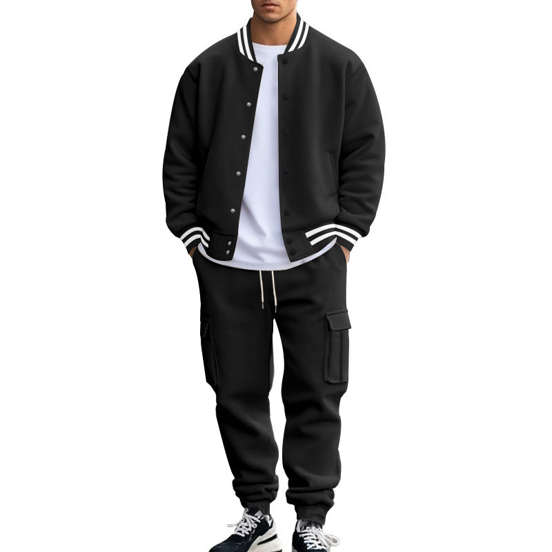 Men's Striped Stand Collar Fleece Lined Button-Up Baseball Bomber Jacket + Multi-Pocketed Cargo Sweatpants Tracksuit