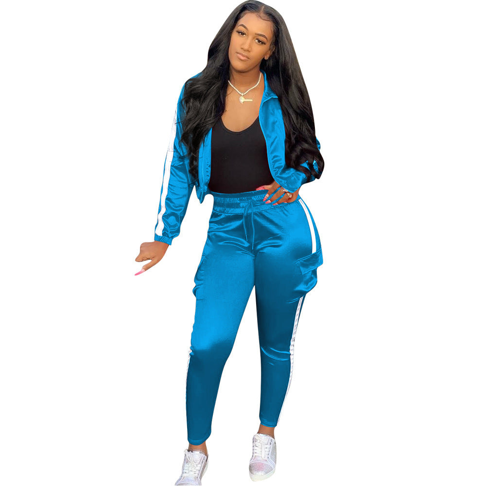 Reflective Side Striped Ruched Zipper Athleseuire Jacket + Cargo Pocketed Jogger Sweatpants Women's Tracksuit