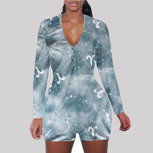 Astronomy Print Long Sleeve V-Neck Bodycon Women's One Piece Shorts Romper