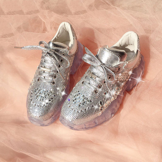 Silver Metallic Rhinestone Vulcanized Women's Sneakers
