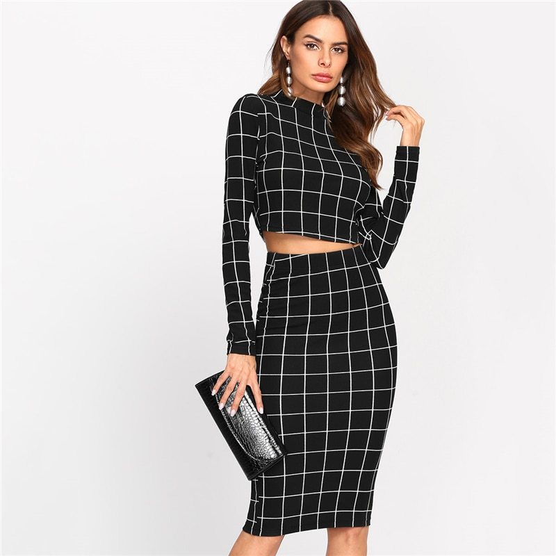 Black/White Checker Grid Pattern O-Neck Collar Long Sleeve Women’s Crop Top & Office Pencil Skirt 2-Piece Set