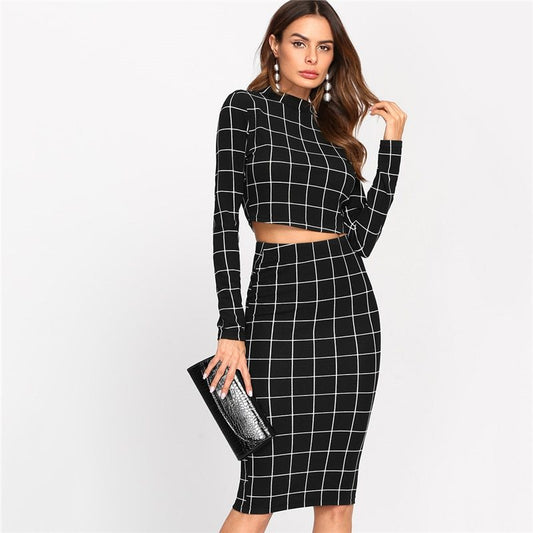 Black/White Checker Grid Pattern O-Neck Collar Long Sleeve Women’s Crop Top & Office Pencil Skirt 2-Piece Set