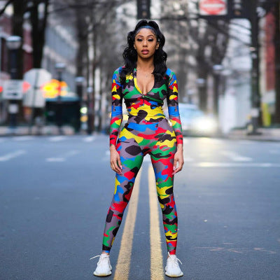 Rainbow Camoflauge Print Women's Long Sleeve Zipper Front Fitness Jumpsuit
