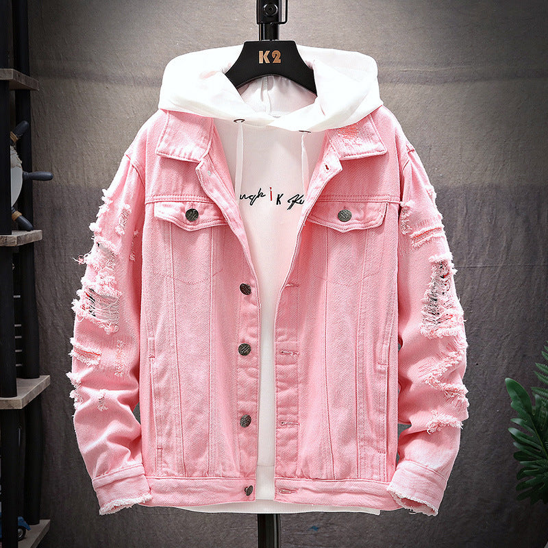 Men's Denim Ripped Gradient/Solid Loose Hip-Hop Button-Up Jean Jacket