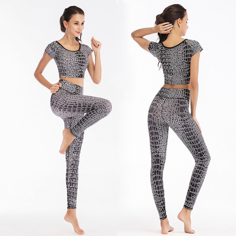 Snakeskin/Camoflauge/Leopard/Geometric Print Short Sleeve Fitness O-Neck Crop Top + Skinny Workout Leggings Women's 2-Piece Set