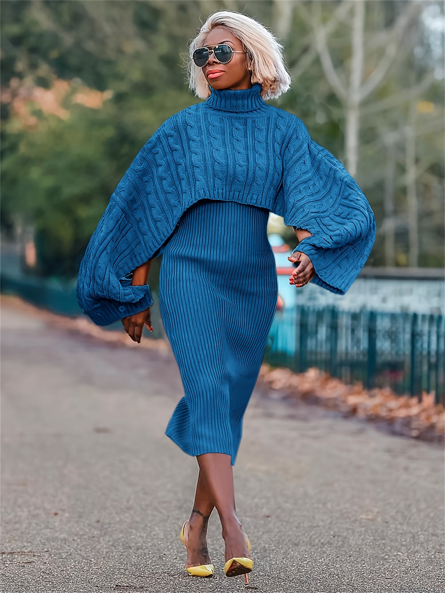 Turtleneck Knitted Weave Pattern Baggy Cape Sleeve Long Sleeve Sweater + Ribbed Tank Sweater Dress 2-Piece Set