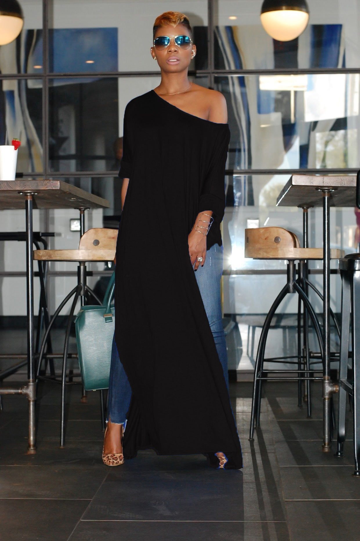 One Shoulder Asymmetrical Women's Solid Color High Slit Maxi Shirt to 5X Plus Size