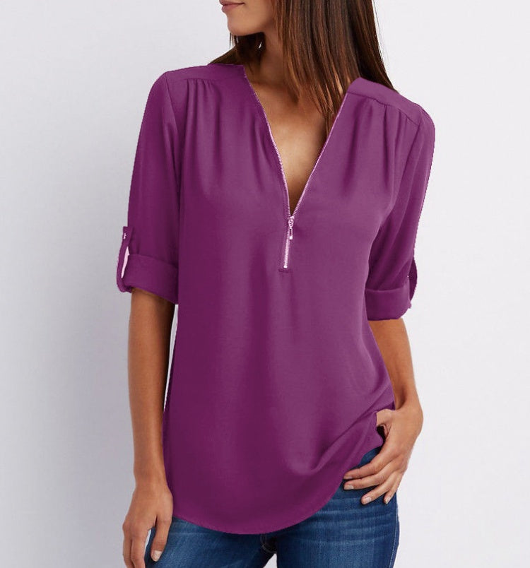 Solid Color V-Neck Short Sleeve Women's Zipper Shirt to 5X Plus Size