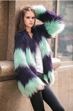 Shaggy Faux Fur Mint Green/Purple Colorblock Striped Print Women's Jacket to 3X Plus Size