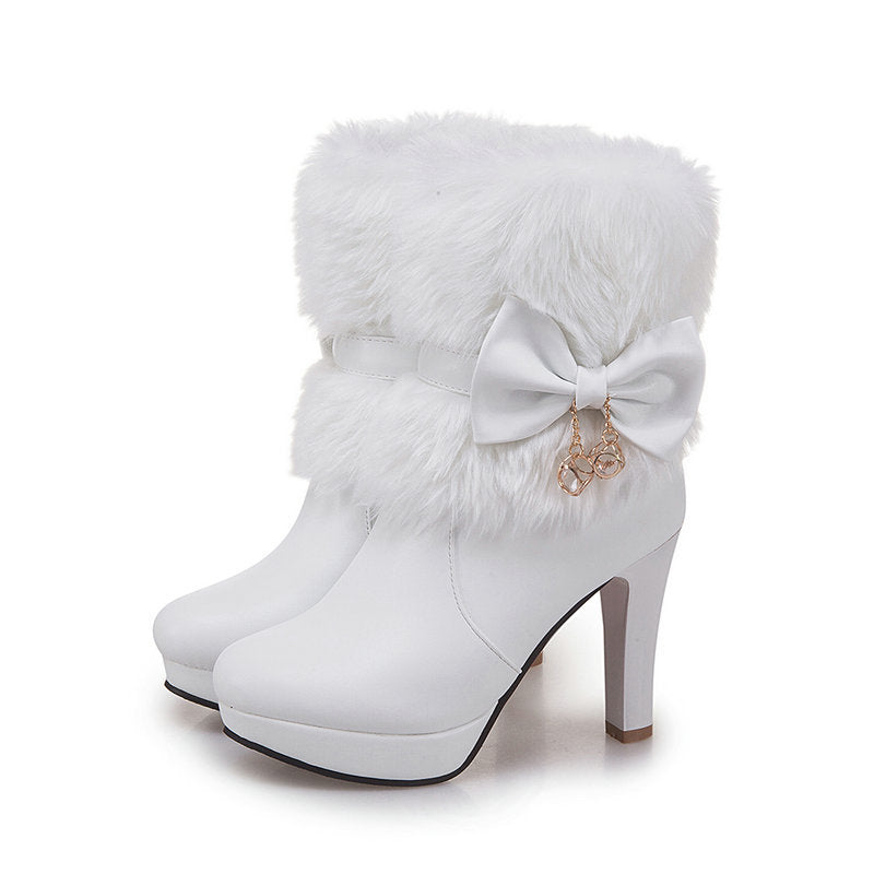 Bow Design Faux Fur PU Leather Women's Round Toe Thick Heel Zipper Ankle Boots