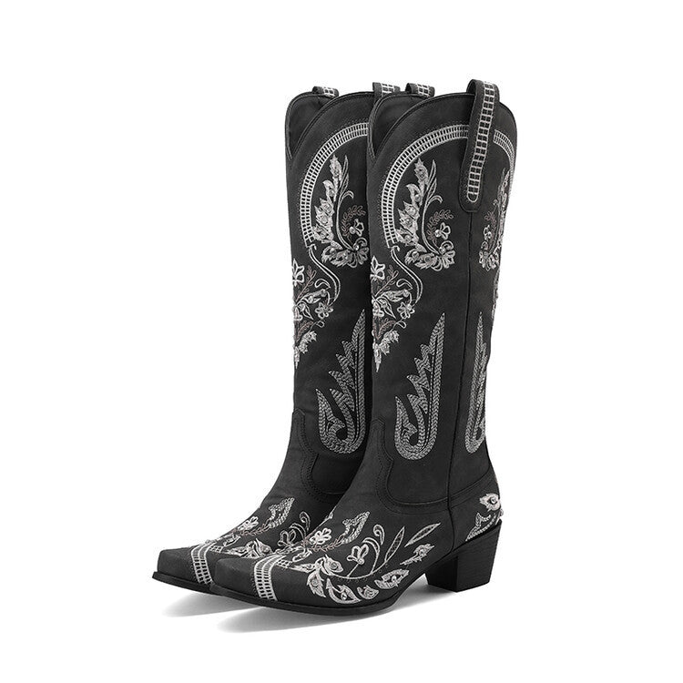 Embroidered Western Denim Retro Women's Knee-High Cowgirl Rodeo Boots