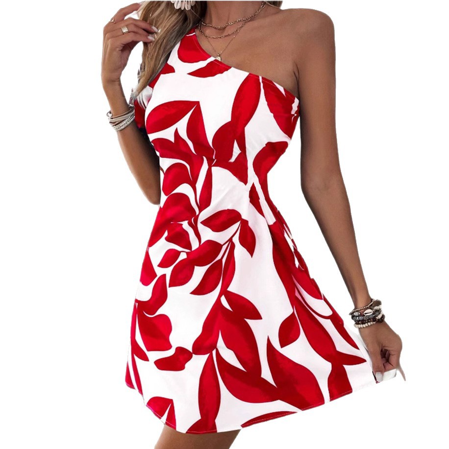 Asymmetrical One Shoulder Red/White Flower Print Mini Dress