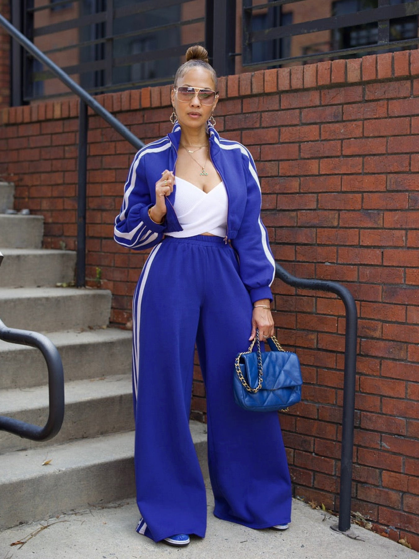 Side Striped Women's Sweat Jacket + Wide Leg Sweatpants Tracksuit