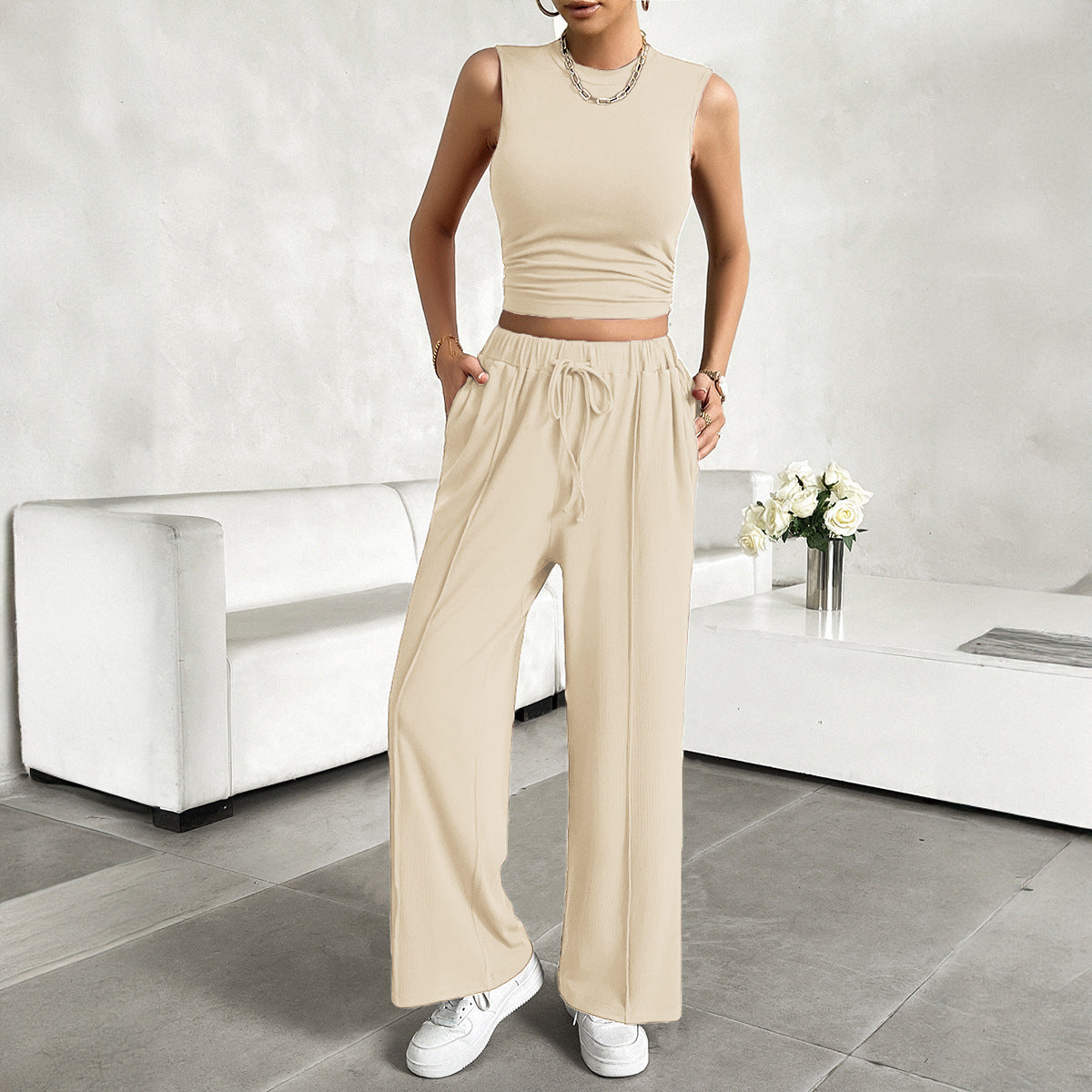 Sleeveless Solid Color Vest + Drawstring Pants Women's Casual 2-Piece Set