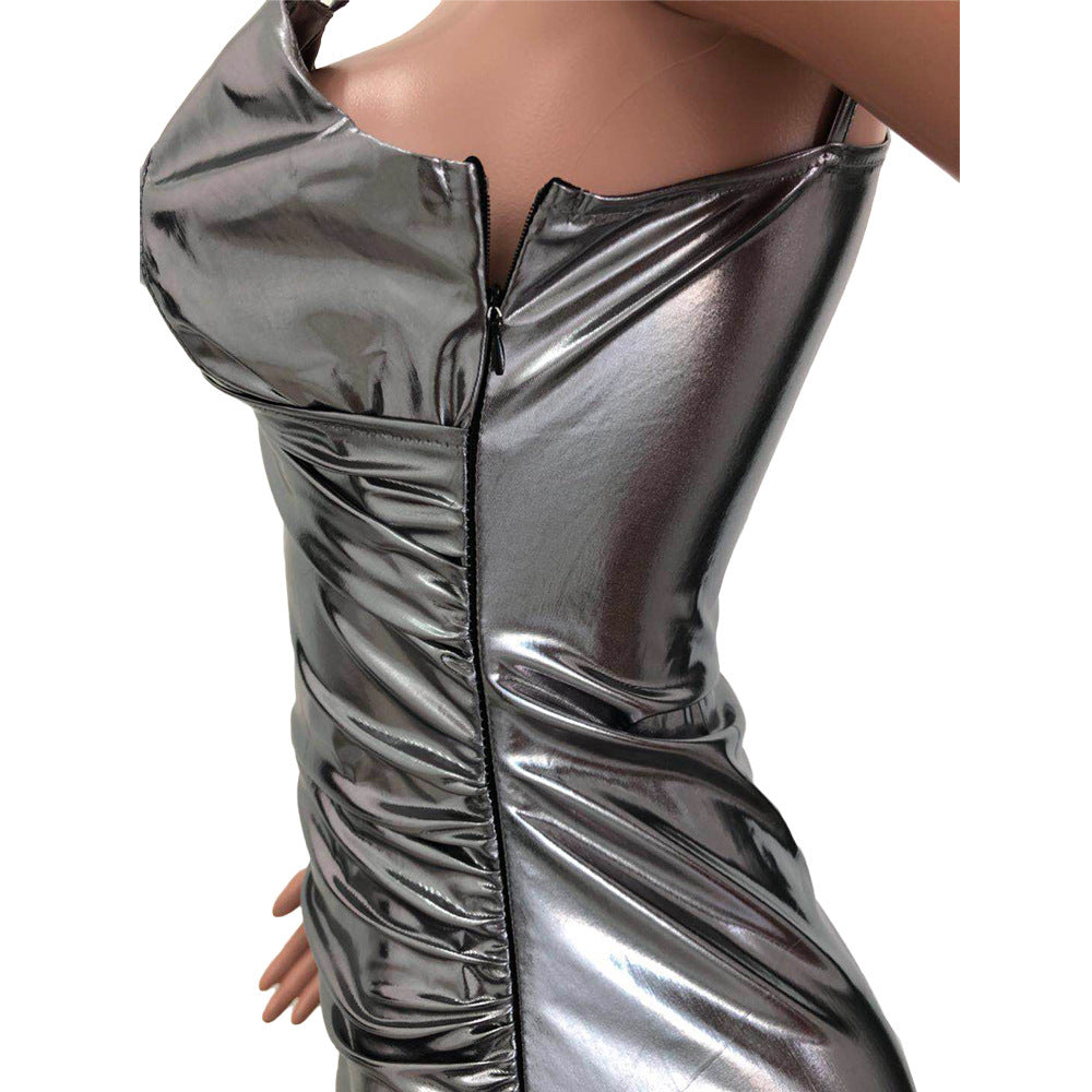 Metallic Silver/Gold Ruched Faux Leather One Sleeve Irregular High Slit Formal Maxi Dress