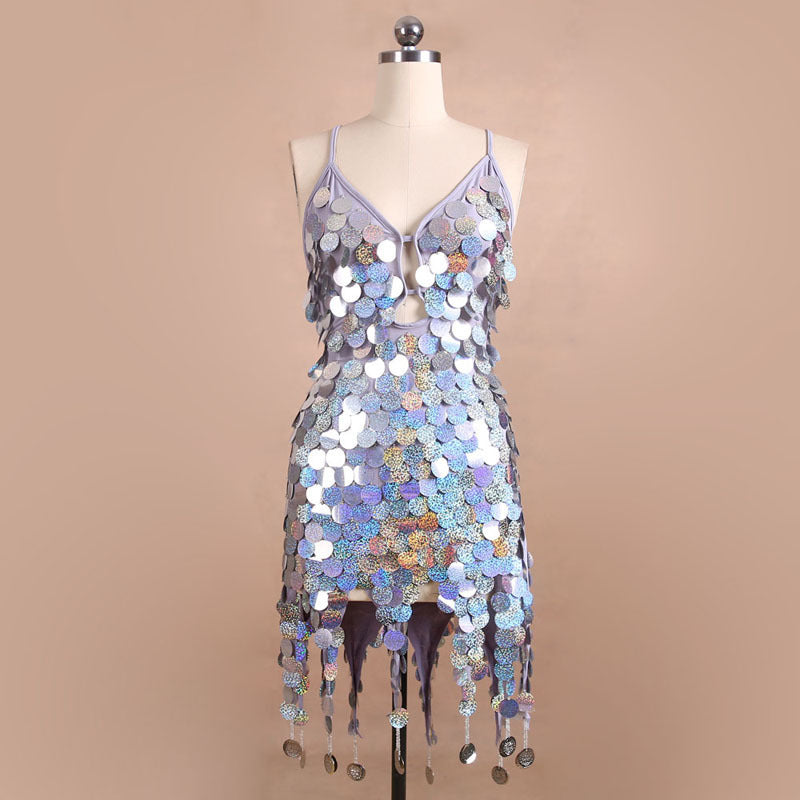 Sleeveless Metallic Sequin Hanging Tassel Design Spaghetti Strap Latin Salsa Dancer Formal Mini Dress