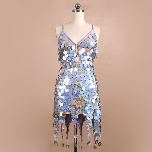 Sleeveless Metallic Sequin Hanging Tassel Design Spaghetti Strap Latin Salsa Dancer Formal Mini Dress