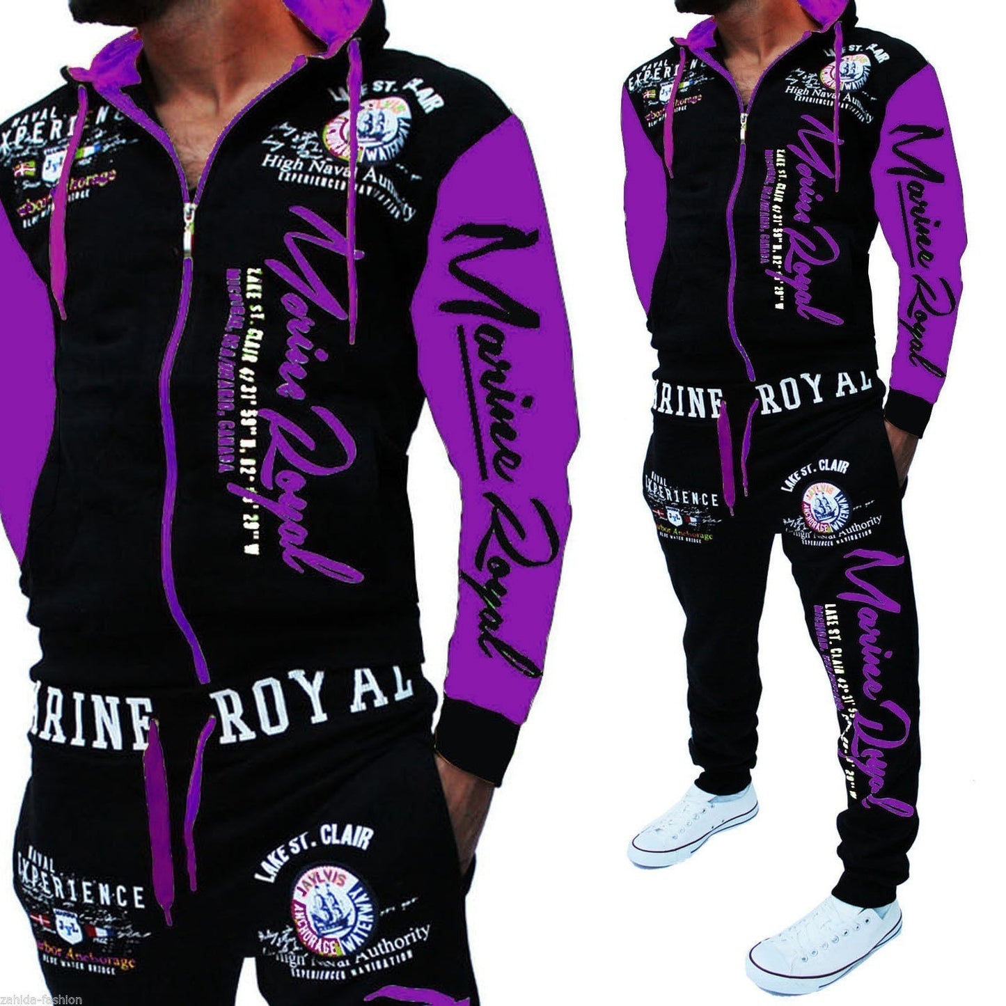 Men's Letter Print Zipper Hoodie Zipper Sports Jacket + Jogger Sweatpants Tracksuit