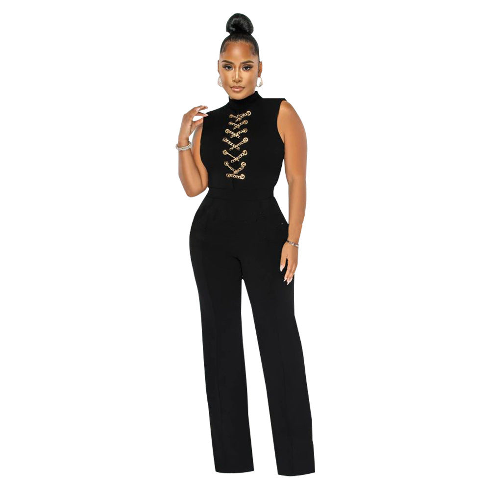 CrissCross Women's Solid Color Sleeveless Stand Collar Round Neck Jumpsuit