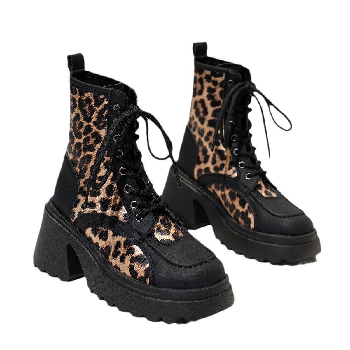 Leopard Print Chunky Heel Lace-Up Platform Women's Ankle Boots