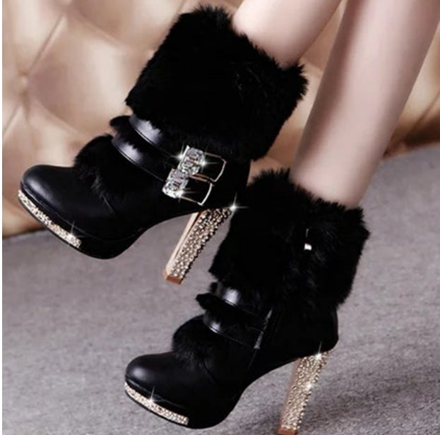 Rhinestone Embellished Faux Fur/Leather Chunky Stiletto Heel Women's Ankle Boots