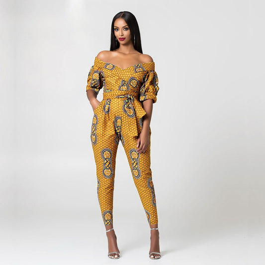 Off-the-Shoulder African Print Deep V-Neck Puff Sleeve One-Piece Jumpsuit