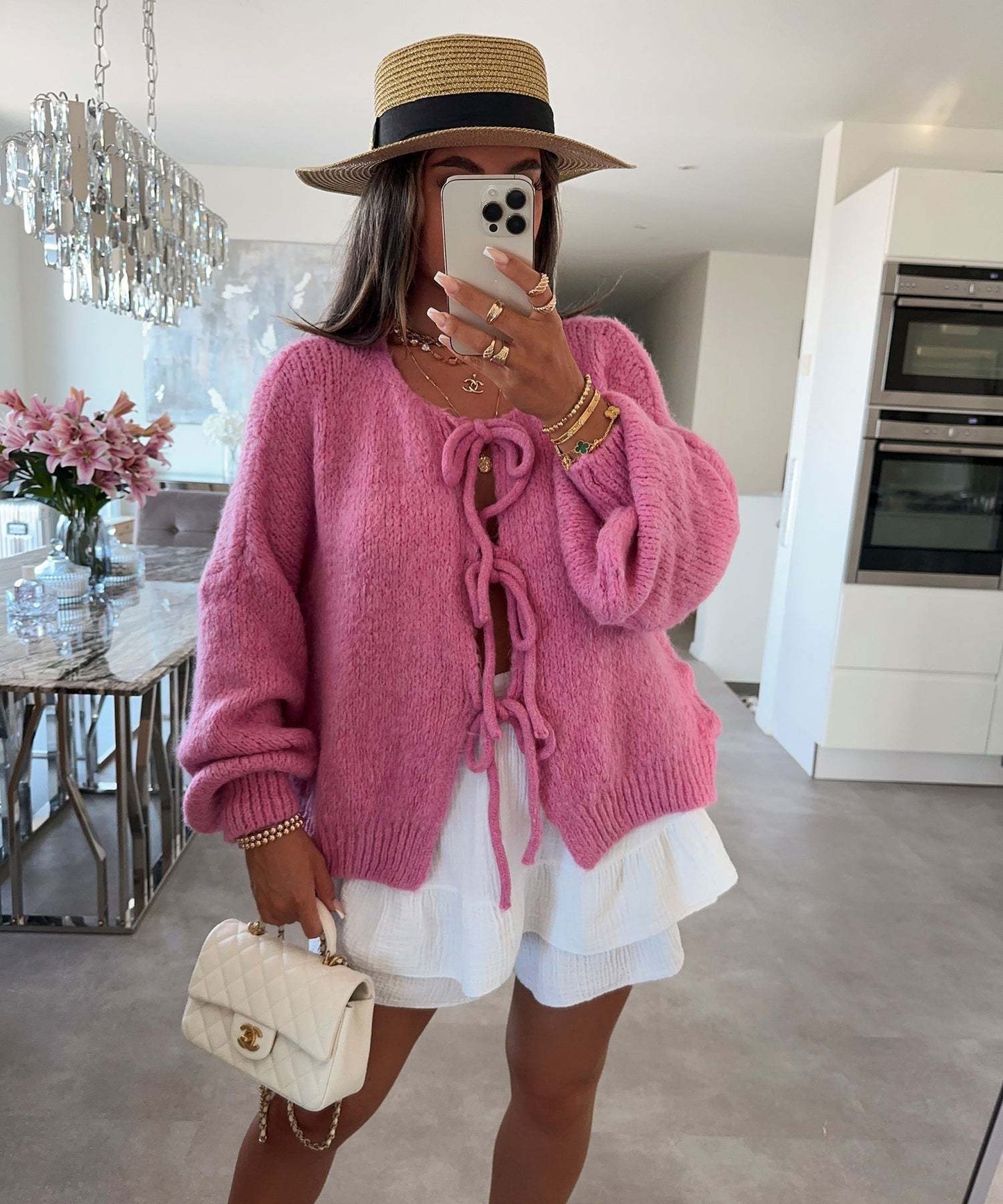 Knitted Bowknot Lace-Up Design Women's Solid Color O-Neck Long Sleeve Hollow-Out Sweater