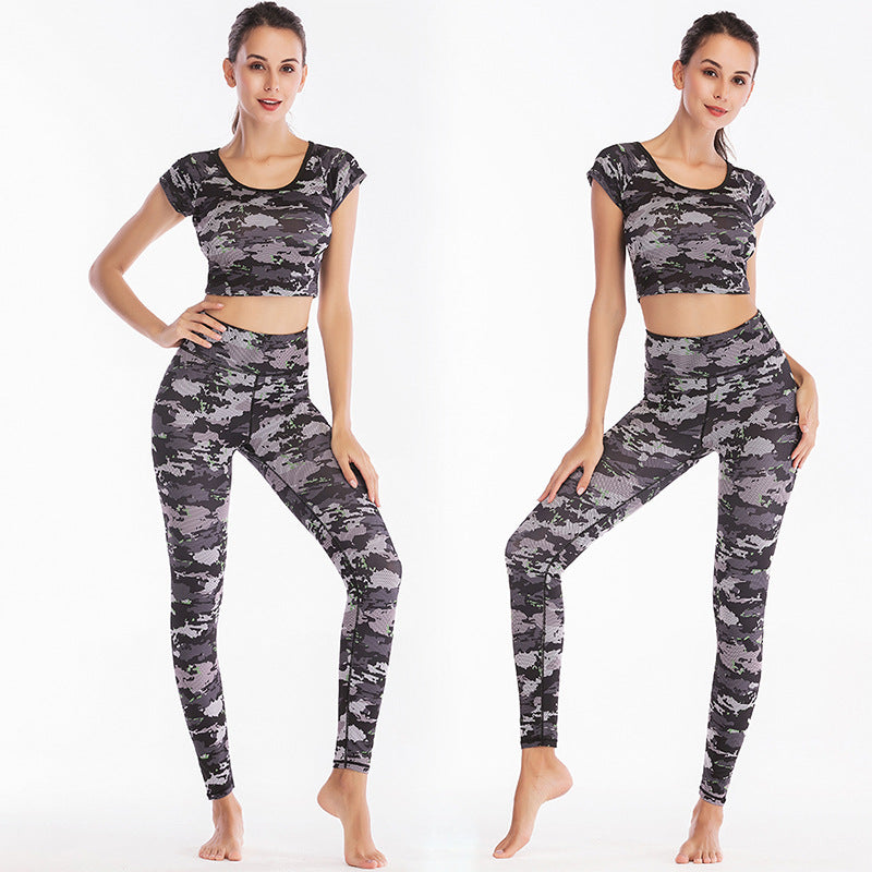 Snakeskin/Camoflauge/Leopard/Geometric Print Short Sleeve Fitness O-Neck Crop Top + Skinny Workout Leggings Women's 2-Piece Set