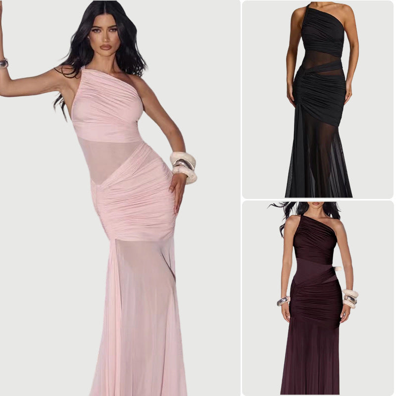 Ruched Sleeveless Asymmetrical One  Shoulder Pleated Cross Bordered Formal Fishtail Maxi Party/Prom Dress