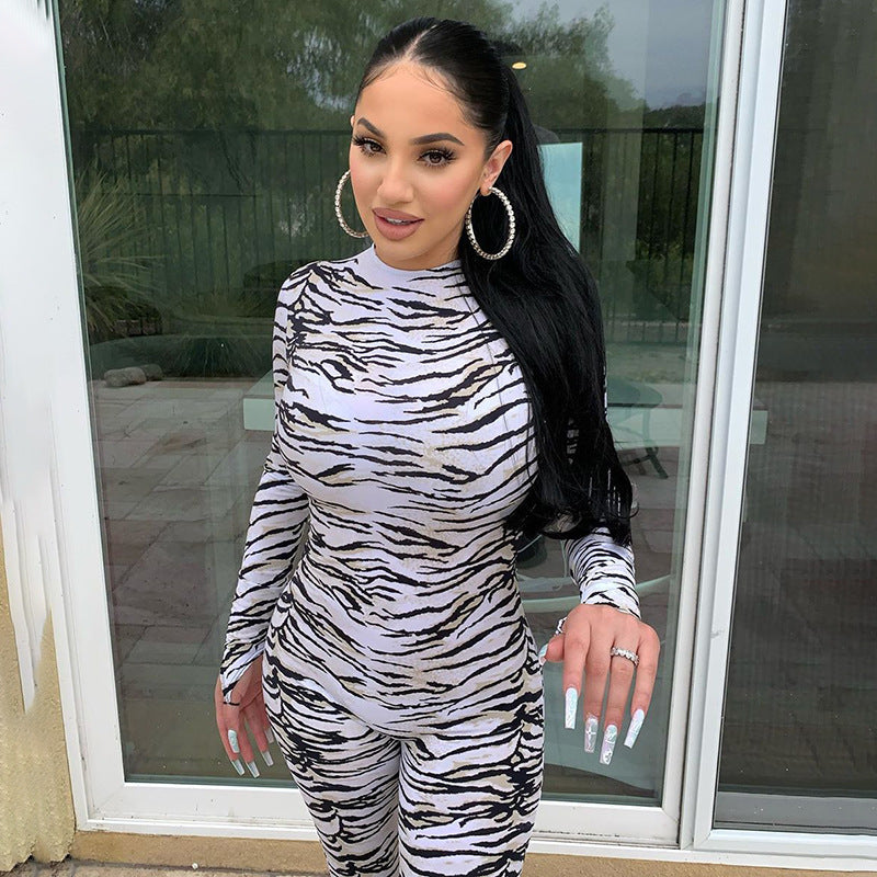 White/Black Zebra Striped Women's Skin Tight Long Sleeve Pants Jumpsuit