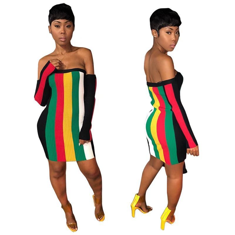 Rainbow Striped Colorblock Panelled Off-the-Shoulder Long Sleeve Mini Dress