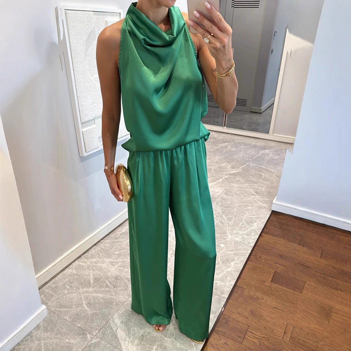 Satin Draped Women's Solid Color Sleeveless Vest + Pants 2-Piece Set