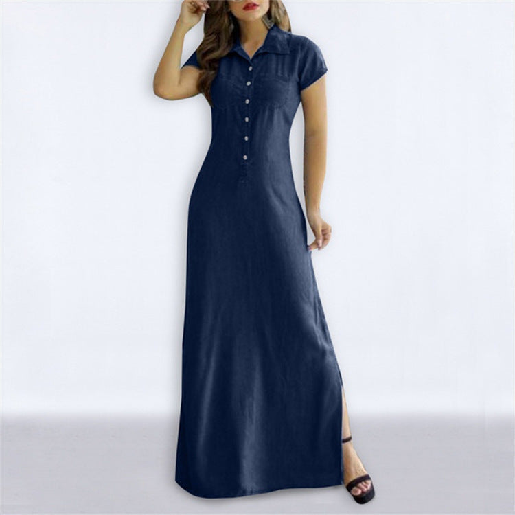 Denim Button-Up Short Sleeve Maxi Jean Dress to 5X Plus Size