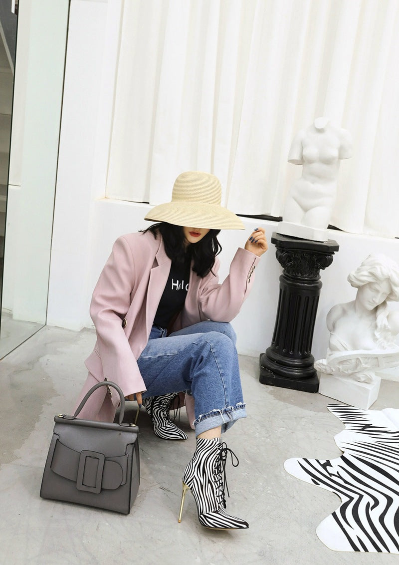 Zebra Print Women's Lace-Up Pointed Toe Gold Metal Stiletto Heel Martin Ankle Boots