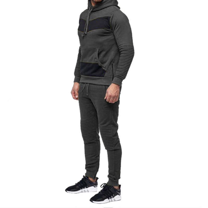 Men's Ribbed Colorblock Patchwork Hoodie Sweatshirt + Drawstring Zipper Pocket Jogger Sweatpants Tracksuit